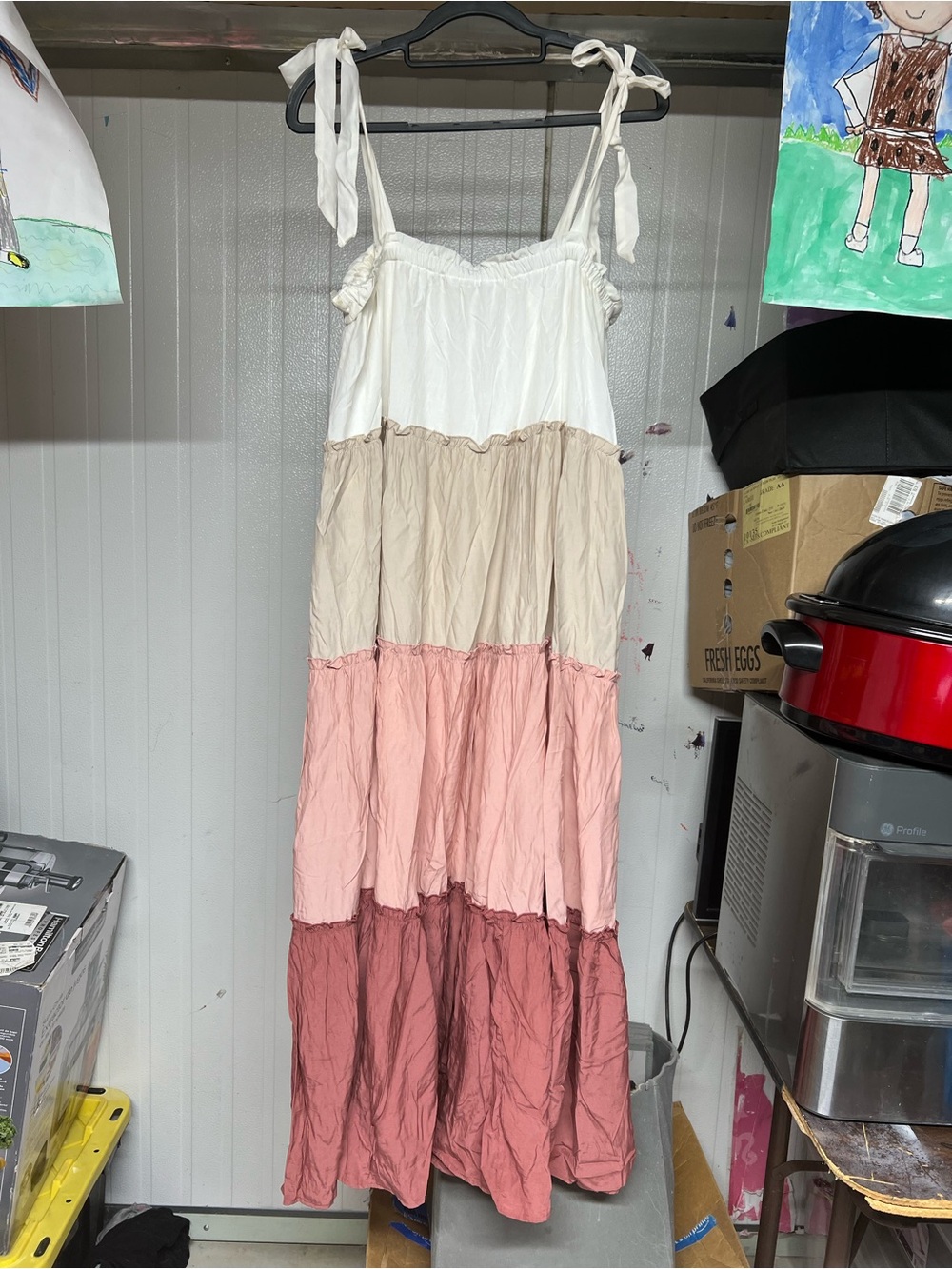 HEIMISH USA White Beige Pink Mauve Tiered Tie-Strap Maxi Dress